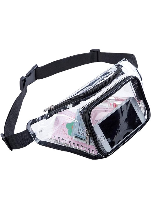 Kézitáska, hosszú cipzáras, PVC, átlátszó/fekete