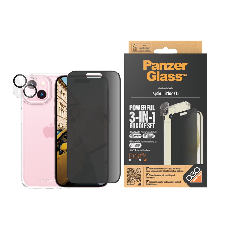 Стъклен протектор PanzerGlass за Apple iPhone 15,3 в 1, UWF, Privacy Bundle, UWF Privacy screen protector, HardCase, протектор за камера