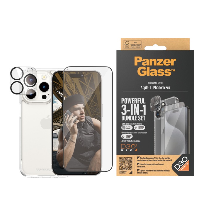 Стъклен протектор PanzerGlass за Apple iPhone 15 Pro, 3 в 1, UWF, Bundle, UWF screen protector, HardCase, протектор за камера