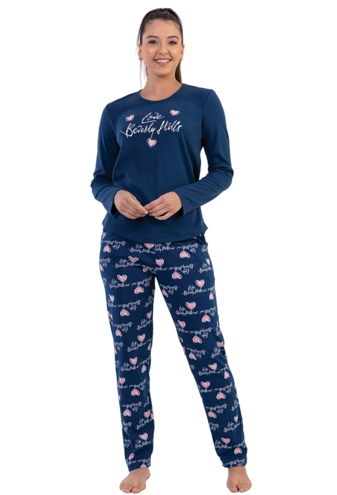 Pijama bumbac de iarna interlok marimi mari Vienetta, Beverly Hills, bleumarin