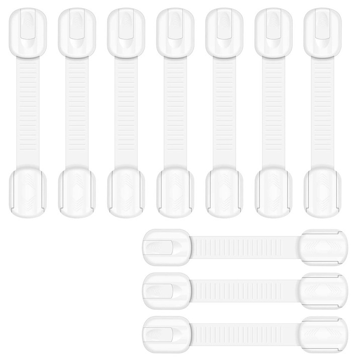 Set 10 bucati, Cafuneplus®, Sigurante usi copii, blocator sertare, usa cuptor, frigider, congelator, ajustabile pe lungime, adeziv puternic, fara urme dupa indepartare, Alb