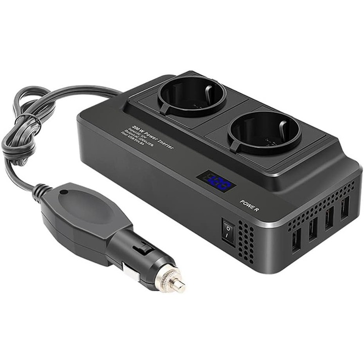 Invertor auto 12V, Tensiune de iesire 220V, Putere de iesire de 400V, 2 prize si 4 porturi USB, conectate la bricheta, Meind, 16.8x8.3x4cm, Negru