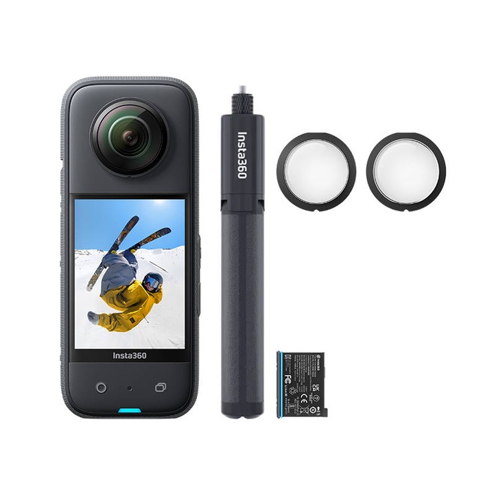 Set camera de actiune, Insta360. X3 All-Purpose Kit, Pentru camera X3, 2 protectoare lentile, Baterie de rezerva, Trepied, Selfie stick, Negru