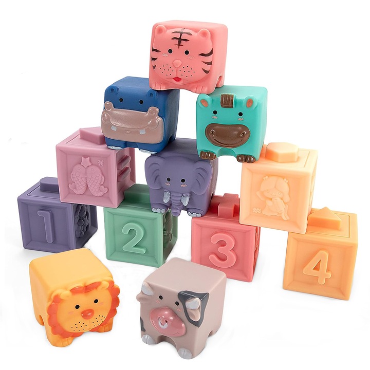 Set 12 cuburi moi cu margini rotunjite pentru bebelusi, Animale, Cifre, Multimi si Texturi 3D, 6 luni+, EB1025 RCO