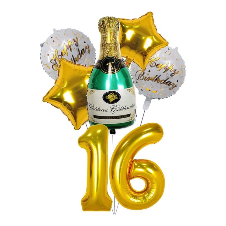 Set 7 baloane folie aniversare 16 ani, figurina sticla de sampanie 90cm si baloane cifre folie aurii