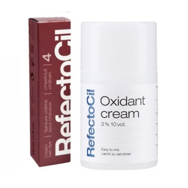 Set complet RefectoCil pentru vopsire gene si sprancene cu Oxidant Crema Pro 100 ml si Vopsea Castaniu Mahon Nr. 4 15 ml