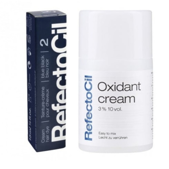 Set complet RefectoCil pentru vopsire gene si sprancene cu Oxidant Crema Pro 100 ml si Vopsea Negru Albastrui Nr. 2 15 ml