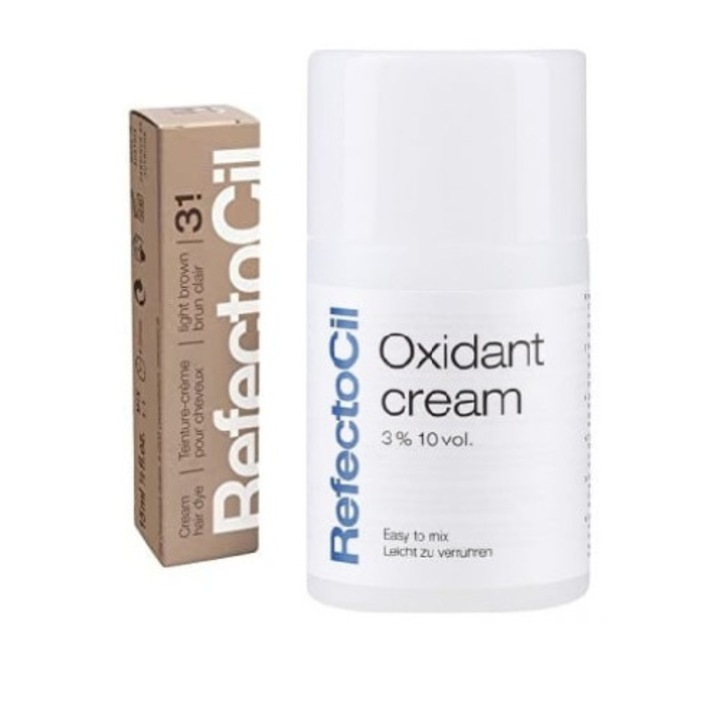 Set complet RefectoCil pentru vopsire gene si sprancene cu Oxidant Crema Pro 100 ml si Vopsea Maro Deschis Nr. 3.1 15 ml
