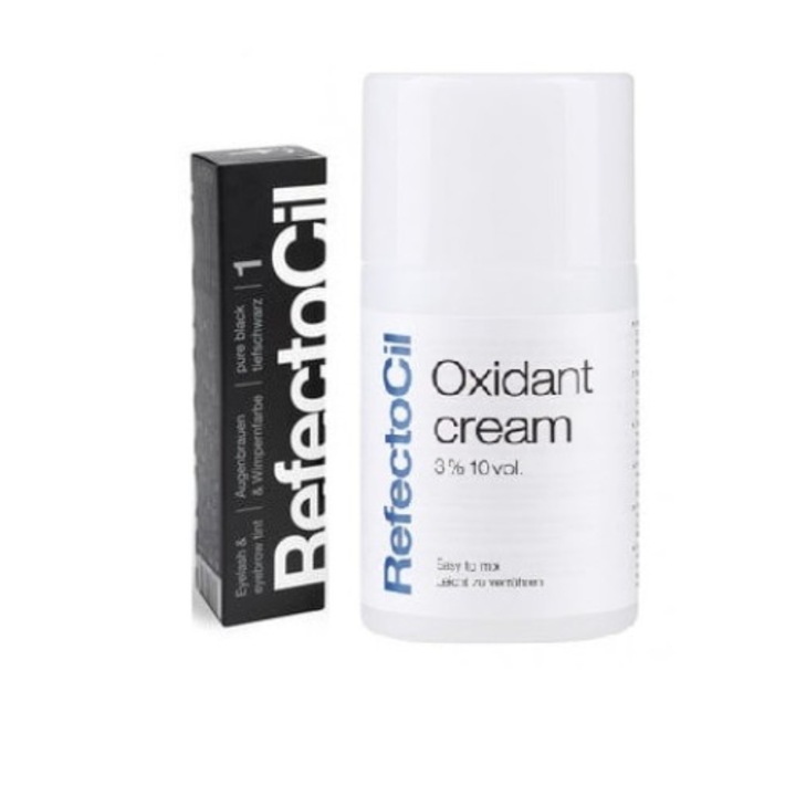 Set complet RefectoCil pentru vopsire gene si sprancene cu Oxidant Crema Pro 100 ml si Vopsea Negru Nr. 1 15 ml