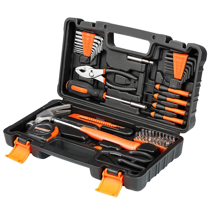 MorFansi Професионален комплект инструменти от 57 части с кутия за съхранение за домашен ремонт и DIY, черен/оранжев