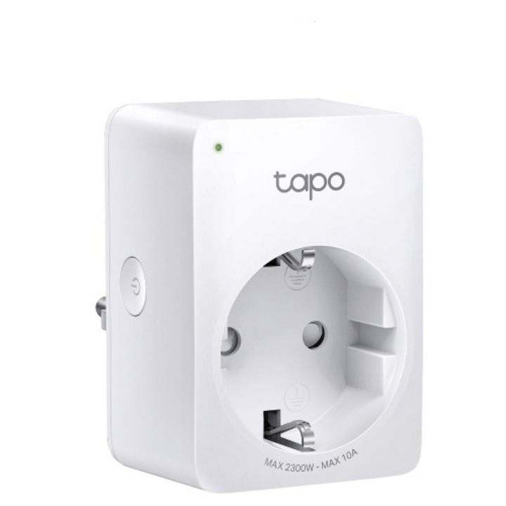 Смарт контакт TP-Link Mini Tapo P100M, Wi-Fi, Съвместим с Matter, Гласово управление, 10A, Съвместим с Android/iOS, 220-240V, Бял