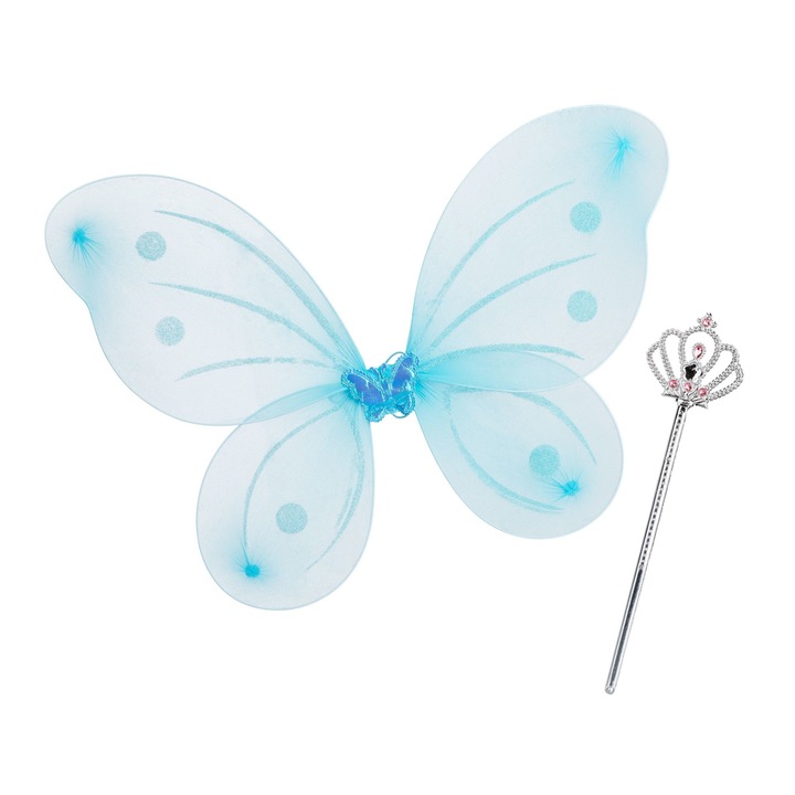 Costum pentru copii, aripi de zana cu bagheta magica, Relaxdays, albastru/argintiu