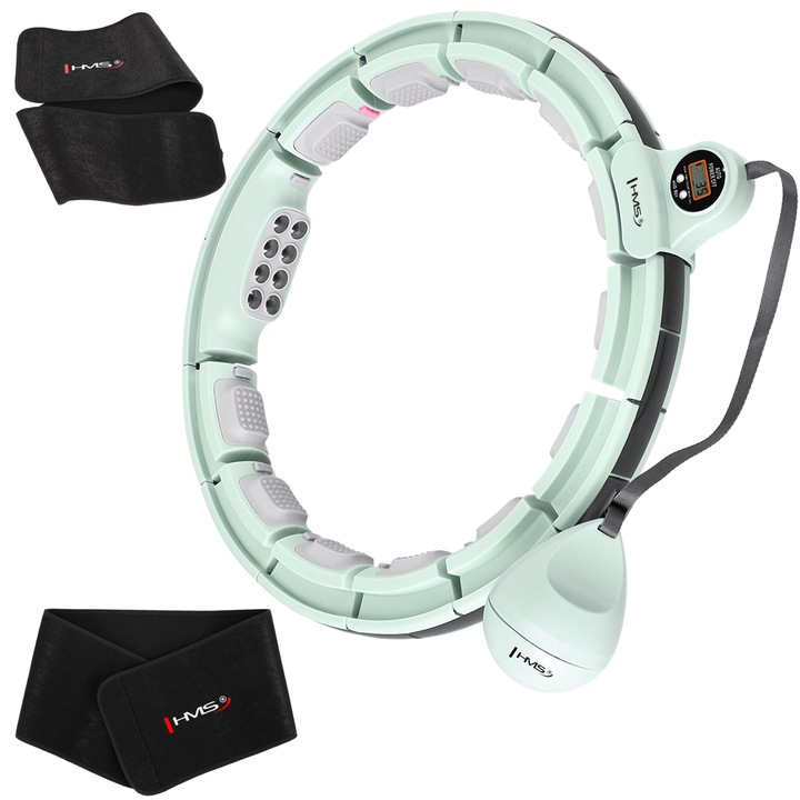 Cerc fitness, pentru antrenament Hula Hoop, Cu Greutati Si Contor, HHM15 Verde + Centura de Slabit, Negru