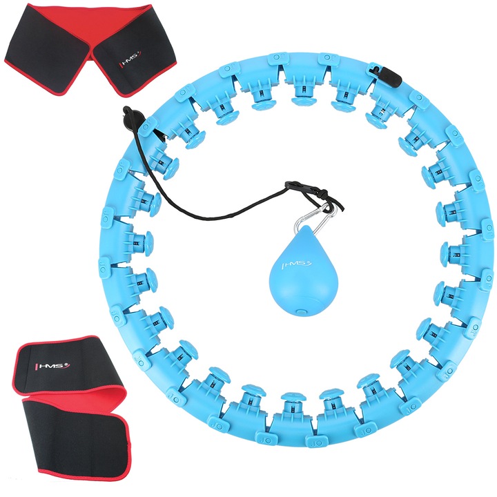 Fitness karika edzéshez Hula Hoop, Súlyokkal és pulttal, HHW01 kék + karcsúsító öv, piros