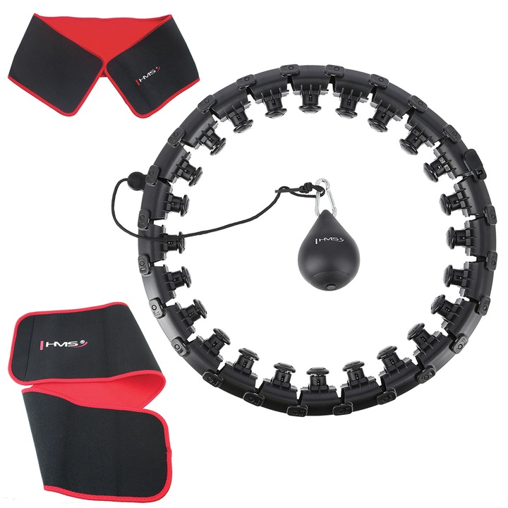 Fitness Hula Hoop edzéshez, súlyokkal és pulttal, HHW01 fekete + karcsúsító öv, piros