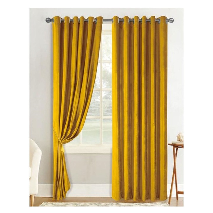 Set draperii Catifea Galben auriu cu inele, 2 buc x 200 cm lungime / 240 cm inaltime