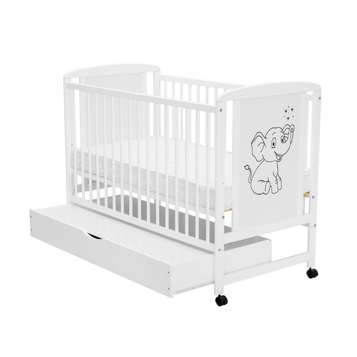 Детска кошара, Qmini, Timmi Elephant 120x60 см, С чекмедже, Изработена от борова дървесина и мдф, Стабилна и издръжлива, Регулируема височина на матрака на 3 нива, Страница с 3 подвижни пръчки, EN716-1, EN716-2, Бяло + Матрак 12 см