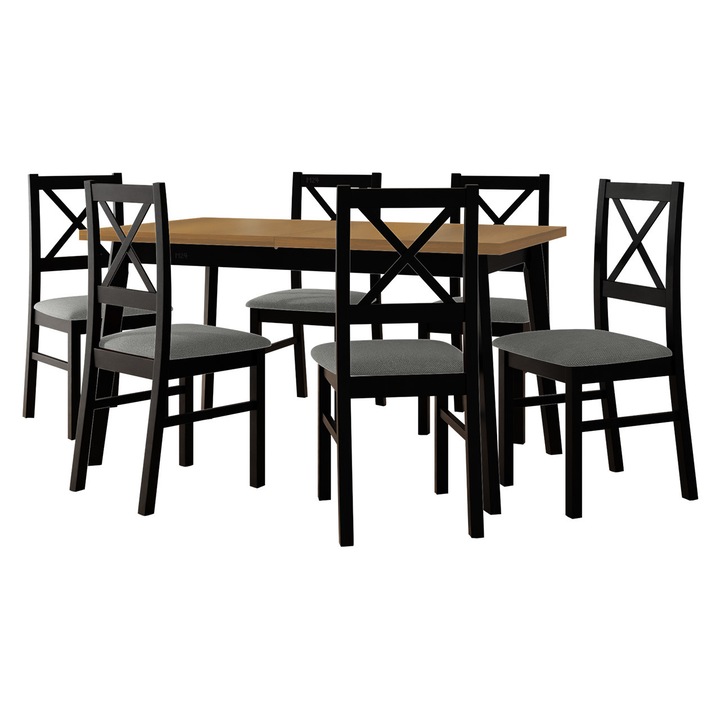 Set pentru bucatarie AL011 Masa extensibila Harry 80 x 140/180 V 6x Scaun Zefir X, MIRJAN24, stejar grandson / negru / gri