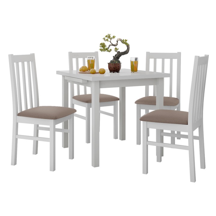 Set pentru bucatarie AL014, 1x Masa extensibila Eliot 80 x 80/110 VII, 4x Scaun Dalem X, MIRJAN 24, alb / maro