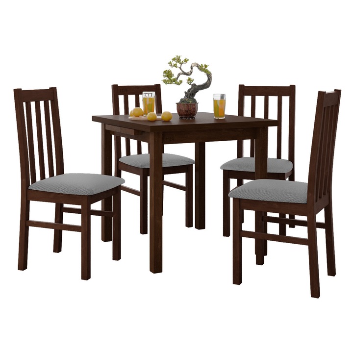 Set pentru bucatarie AL014, 1x Masa extensibila Eliot 80 x 80/110 VII, 4x Scaun Dalem X, MIRJAN 24, nuc / gri