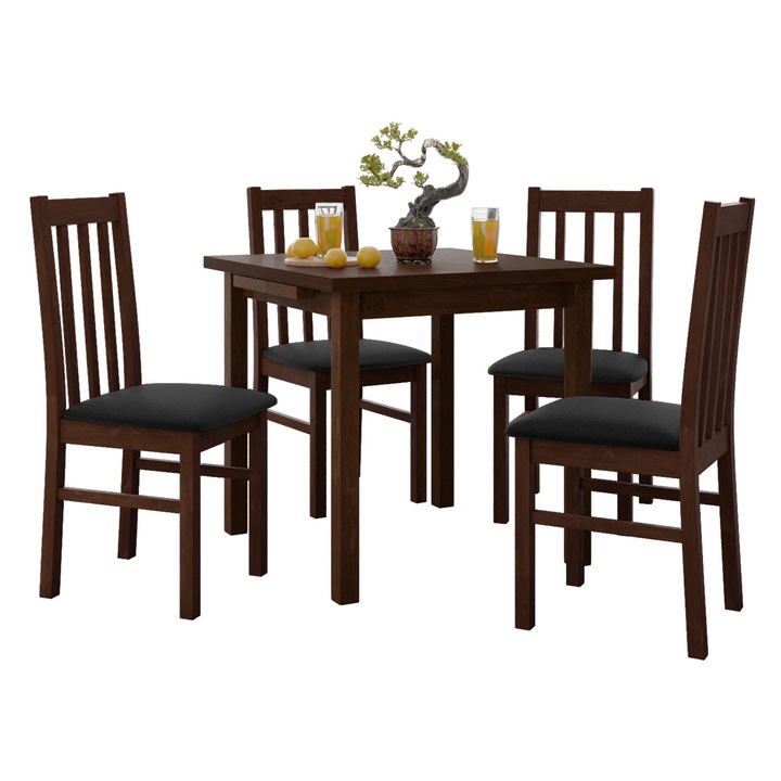 Set pentru bucatarie AL014, 1x Masa extensibila Eliot 80 x 80/110 VII, 4x Scaun Dalem X, MIRJAN24, nuc / negru