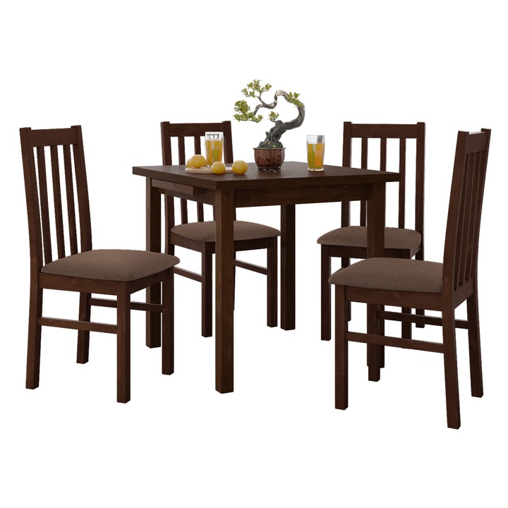 Set pentru bucatarie AL014, 1x Masa extensibila Eliot 80 x 80/110 VII, 4x Scaun Dalem X, MIRJAN 24, nuc / maro inchis