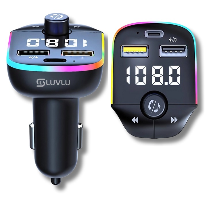 FM трансмитер за кола LUVLU, Bluetooth 5.0, USB-C и USB 3.1A зареждане, разговори без ръце, LED дисплей, черен
