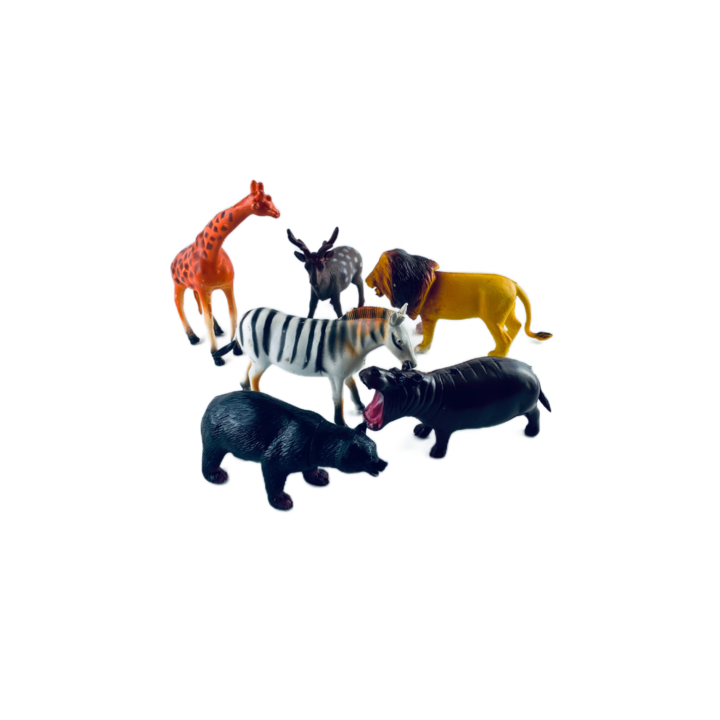 Set 6 Animale Savana si Padure, Leu, Hipopotam, Girafa, Zebra, Urs, Cerb, 12cm