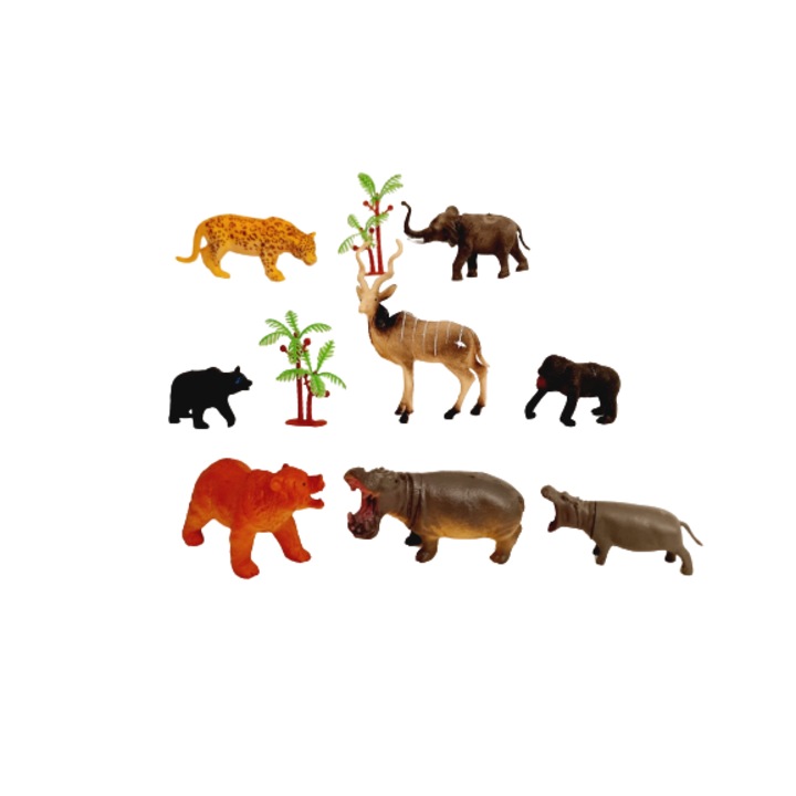 Set de 8 figurine cu animale salbatice, 10 piese in total, Aletru, urs, antilopa, hipopotam, elefant, maimuta, jaguar
