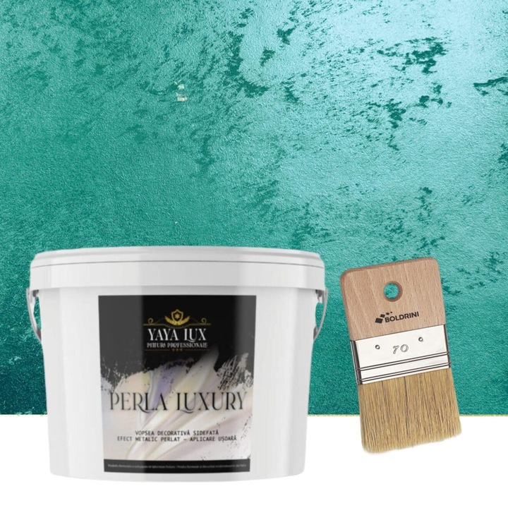 Vopsea decorativa Perla Luxury cu Fulgi Perlati, Verde Inchis, 2,5 L si Pensula 70 mm, YaYa Color