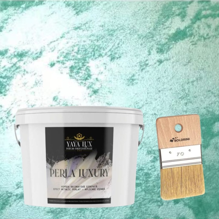 Vopsea decorativa Perla Luxury cu Fulgi Perlati, Verde Marin, 2,5 L si Pensula 70 mm, YaYa Color