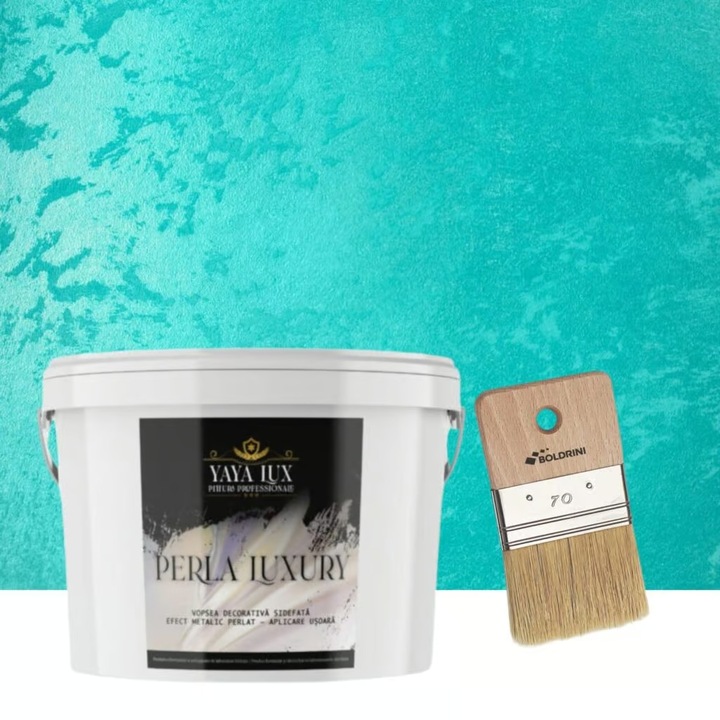 Vopsea decorativa Perla Luxury cu Fulgi Perlati, Turcoaz Deschis, 2,5 L si Pensula 70 mm, YaYa Color