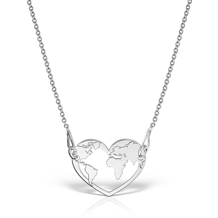 925 ezüst ródium bevonatú nyaklánc szív világtérképes medállal