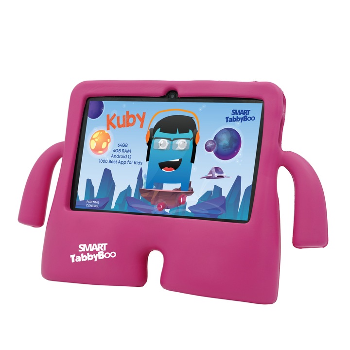 Детски таблет SMART TabbyBoo Kuby Fun, 4GB RAM, 64GB, Android 12, 1000 игри и образователни дейности за деца, тъмно розово