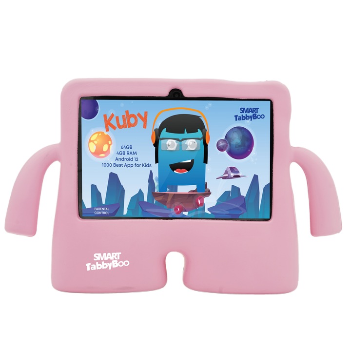 SMART TabbyBoo Kuby Fun táblagép, 4 GB RAM, 64 GB, Android 12 szülői felügyelettel, Wi-Fi, 7 hüvelykes IPS képernyő, 1000 játék és oktatási tevékenység gyerekeknek, rózsaszín