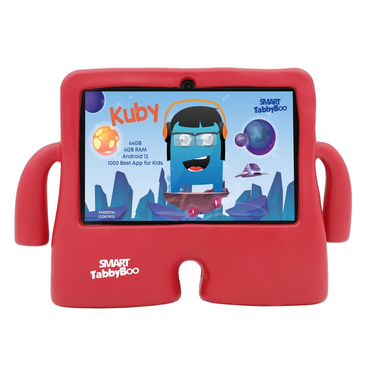 Детски таблет SMART TabbyBoo Kuby Fun, 4GB RAM, 64GB, Android 12, 1000 игри и образователни дейности за деца, червен