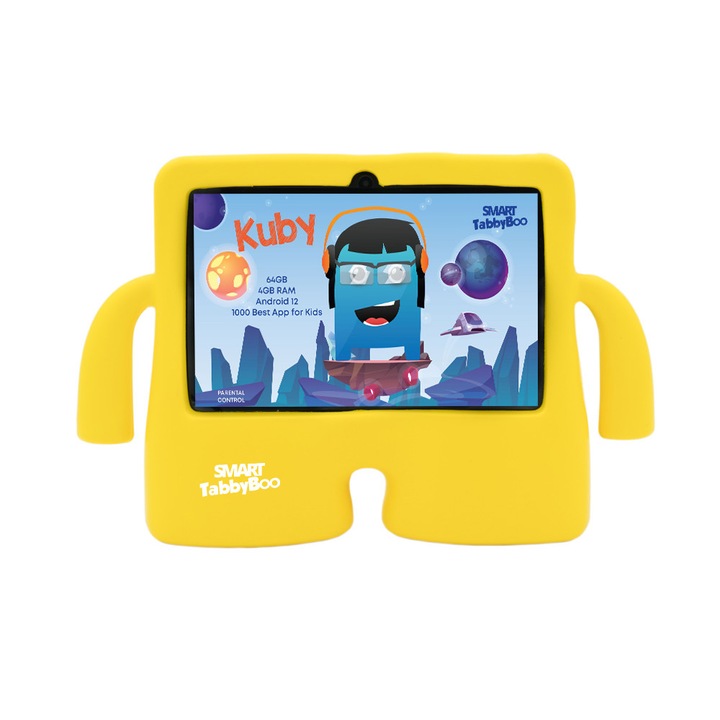 Детски таблет SMART TabbyBoo Kuby Fun, 4GB RAM, 64GB, Android 12, 1000 игри и образователни дейности за деца, жълто