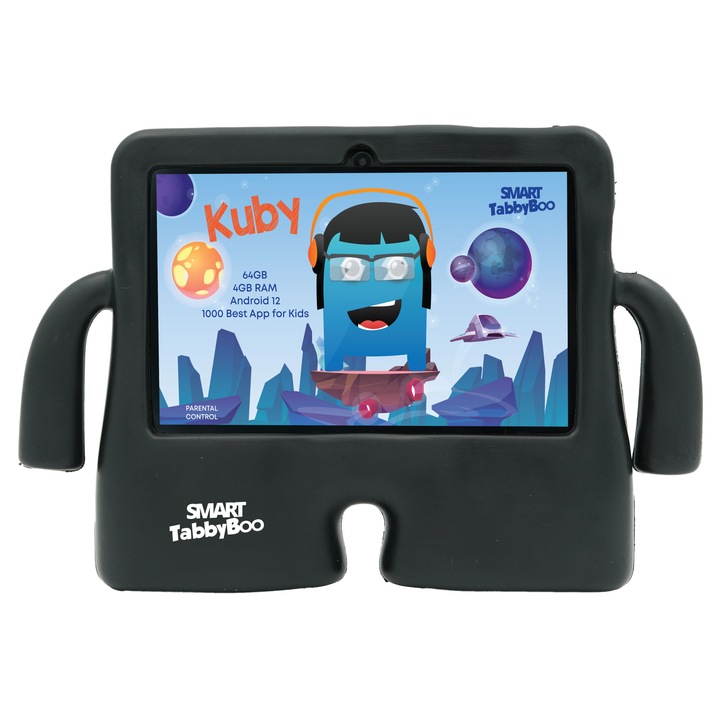 Детски таблет SMART TabbyBoo Kuby Fun, 4GB RAM, 64GB, Android 12, 1000 игри и образователни дейности за деца, черен