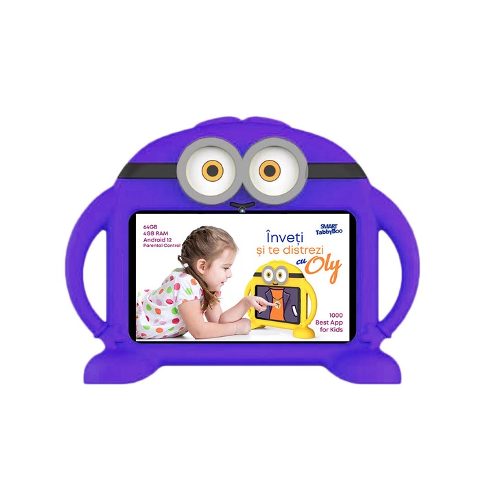 Детски таблет SMART TabbyBoo Oly Fun, 4GB RAM, 64GB, Android 12, 1000 игри и образователни дейности за деца, лилаво