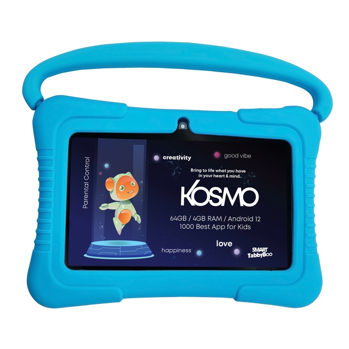 Tableta SMART TabbyBoo Kosmo Fun, 4GB RAM, 64GB, Android 12 cu control parental, Wi-Fi, ecran 7'' IPS, 1000 jocuri si activitati educative pentru copii, albastru