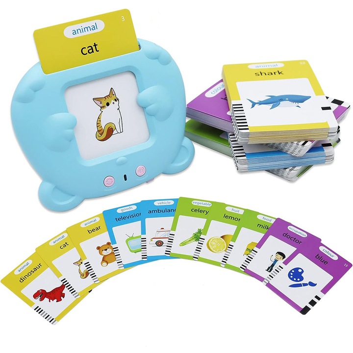 Jucarie educativa Montessori, SOOYE®, Set masina de invatare cu cititor de carduri, 255 cards, 2 ani+, Albastru