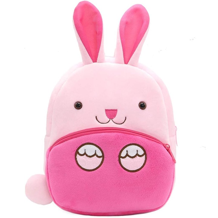 Hátizsák gyerekeknek, Nyúl mintás, plüss, 26,5x24x10,5 cm, Piros/Rózsaszín