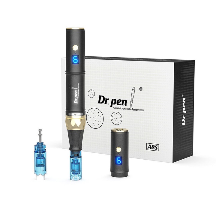 Уред за масаж на лице, Dermapen, 2 резервни глави с 12 титаниеви игли, Dr.Pen A8s-W, Wireless, двоен - жичен или безжичен, за регенерация на кожата