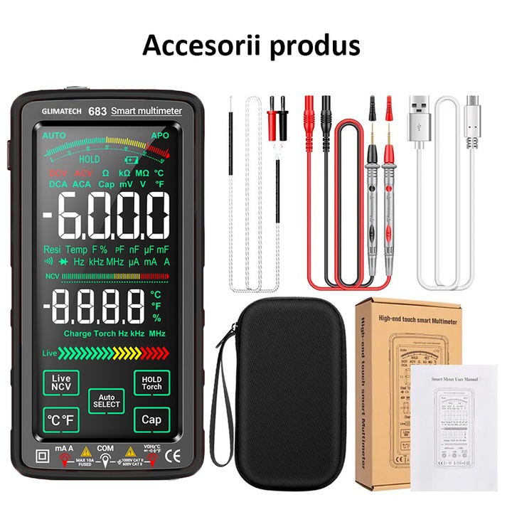 Multimetru digital smart cu touchscreen, Masurare si detectie automata, Avertizare, Capacitate, Rezistenta, Curenti AC/DC, Ecran LCD, Incarcare USB, Lanterna integrata, Husa de transport, Negru