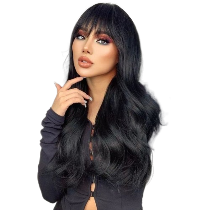 Peruca lunga Neagra, Animis Beauty ®, cu breton, fibra sintetica cu aspect natural, par lung ondulat, 65 cm