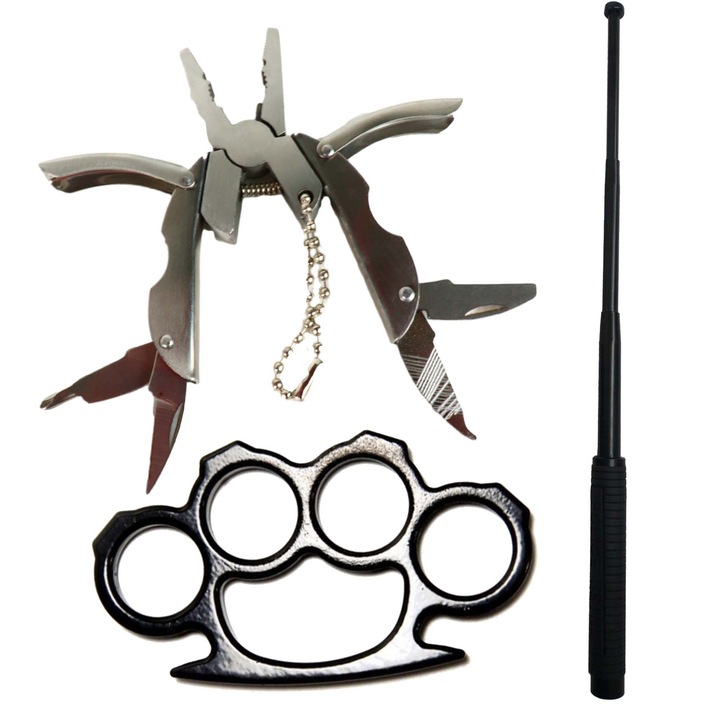 Комплект за самозащита Стоманена телескопична палка, 64 см, 4 секции, кама, розетка, кутия, дразнещ парализиращ спрей, мултифункционални клещи