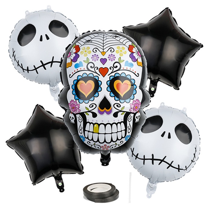 Halloween lufi szett alumínium fóliából, kaszás koponya téma, sokszínű, újrafelhasználható