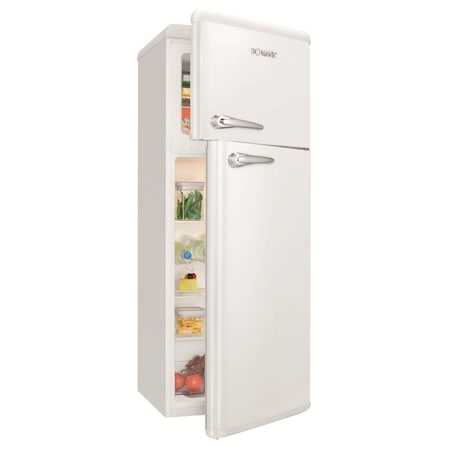 Frigider Retro Bomann, DTR353.1W, H 149 cm, volum 208 litri, congelator 48 litri, deschidere pe dreapta, 4 rafturi sticla securizata, 5 rafturi pe usa, compartiment legume/fructe, control temperatura, iluminat interior LED, silentios, manere cromate, alb