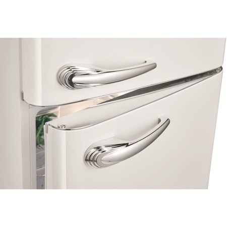 Frigider Retro Bomann, DTR353.1W, H 149 cm, volum 208 litri, congelator 48 litri, deschidere pe dreapta, 4 rafturi sticla securizata, 5 rafturi pe usa, compartiment legume/fructe, control temperatura, iluminat interior LED, silentios, manere cromate, alb