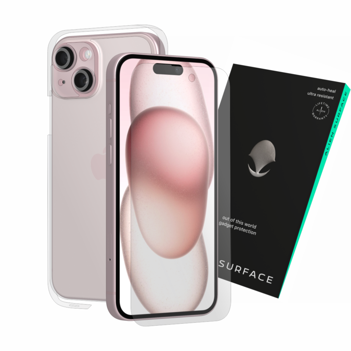 Védőfólia, kompatibilis az Apple iPhone 15 készülékkel, külön védi a képernyőt, hátoldalt és oldalakat, Alien Surface